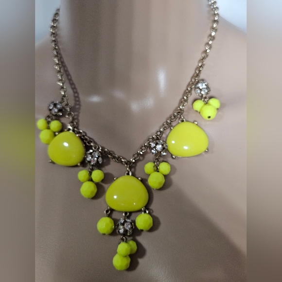 Neon Yellow Statement Bib Necklace Gold Tone  Rhinestone Accents - Picture 3 of 5